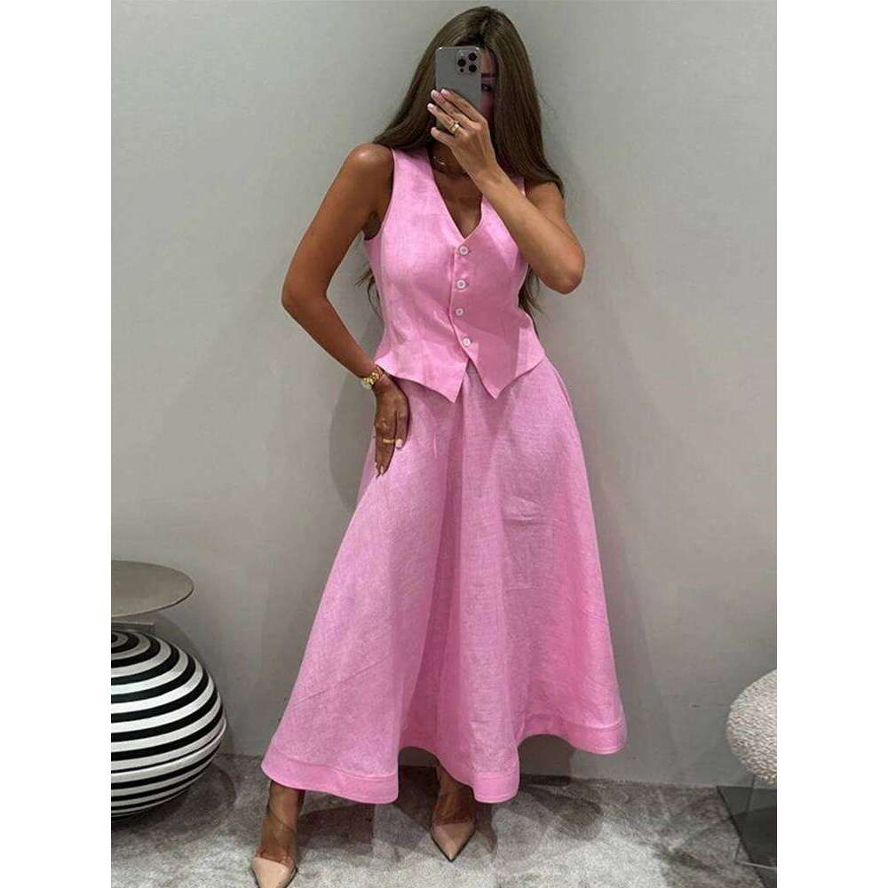 Women Vest Skirt Suit Solid O-neck Single Breasted Sleeve Short Top Button Wide Leg Skirts Female Summer Lady Beach Wears