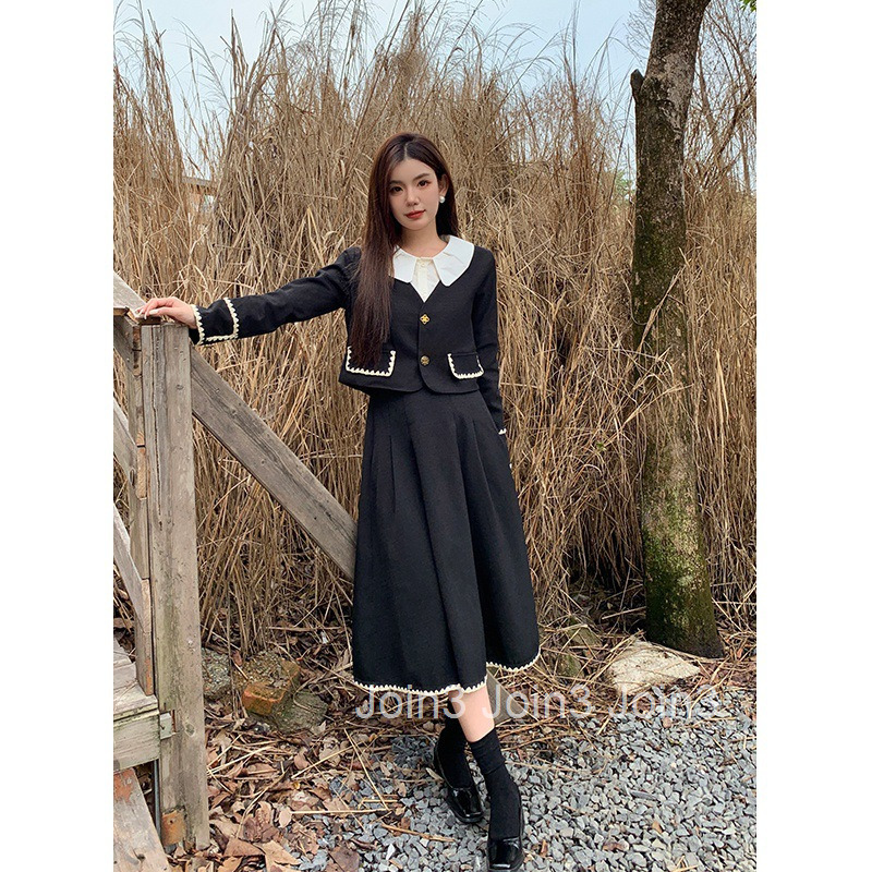 Autumn New French Style Color-Block Long Sleeve Jacket Top + Midi Skirt Set for Women