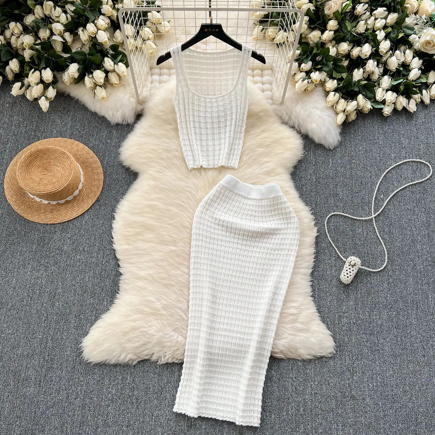 Womens Skirt Set Dress Sets Two Piece Vests Short Tops Sheath Knit Long Skirts High Waist Y2K Streetwear Party Beach 250729