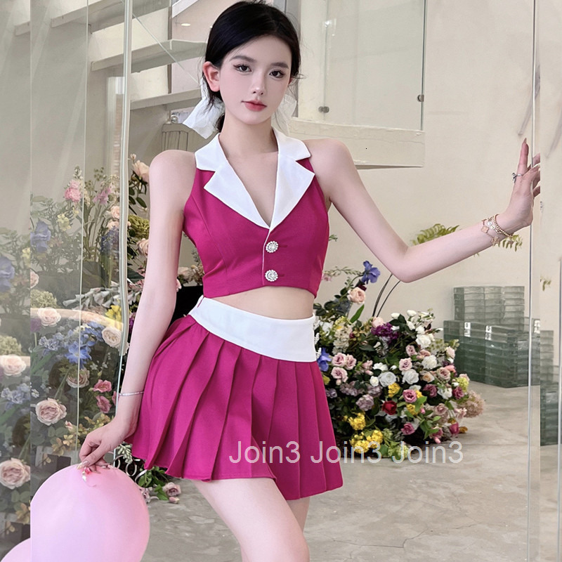 Korean Chic Nightclub Sexy Outfit for Women Summer Fashion Suit Collar Short Top Pleated Skirt Two-Piece Set Internet Celebrity