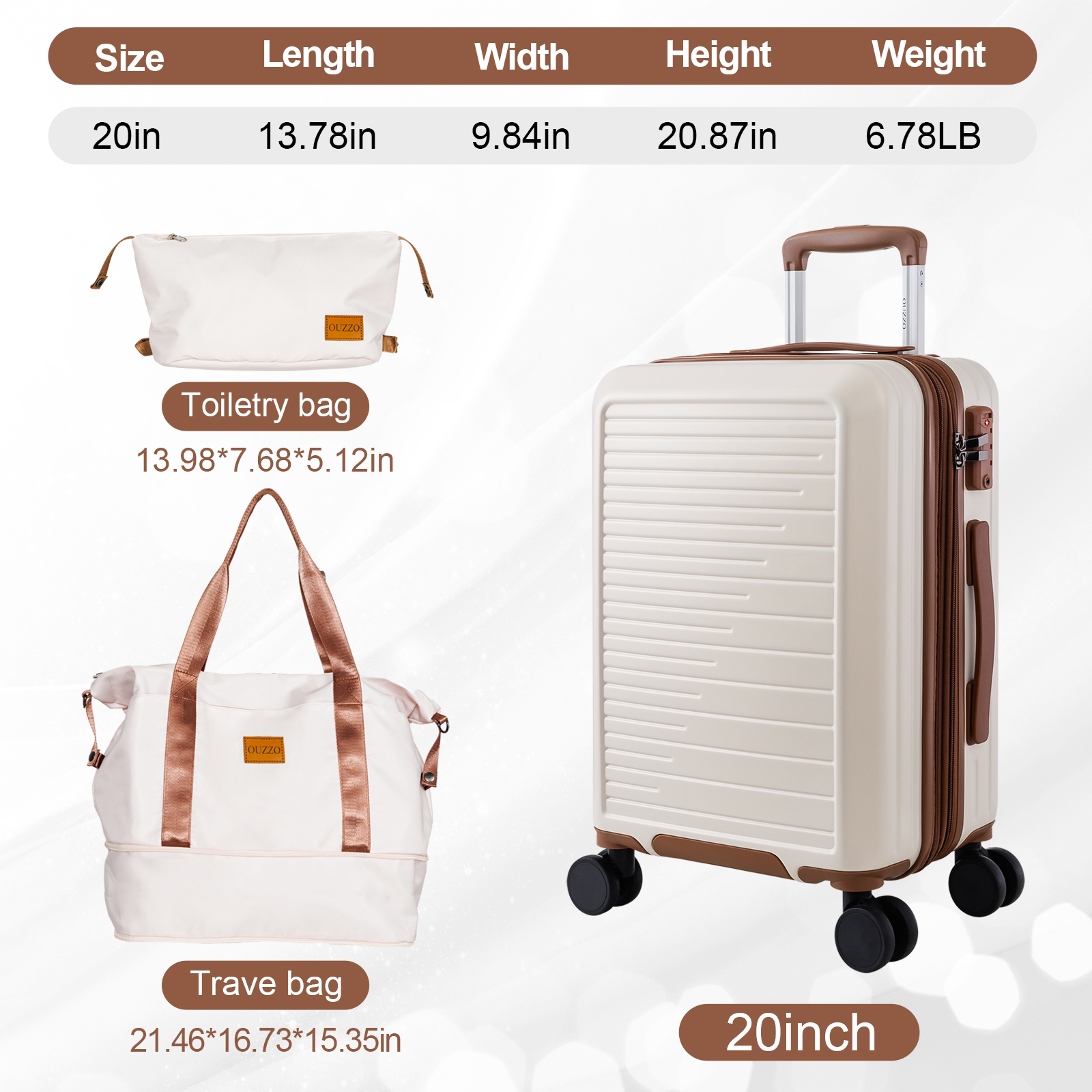 20" White and Black Expandable Carry-On PC Luggage Set Business Luggage Travel Suitcase maleta koffer with TSA lock with Duffle bag