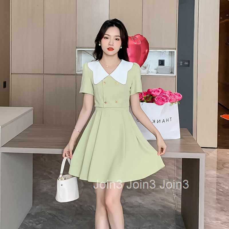 Summer New French Style Double-Breasted Doll Collar High-Waisted Slim Short-Sleeve Dress Midi Skirt