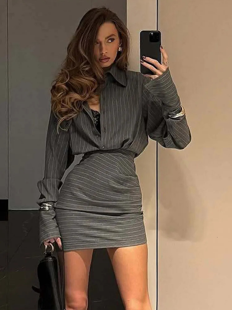 Striped Shirt Skirts Sets Women Sexy Single Breasted Blouse Hip Package Short Skirt Spring High Street Female Slim Outfits 250729