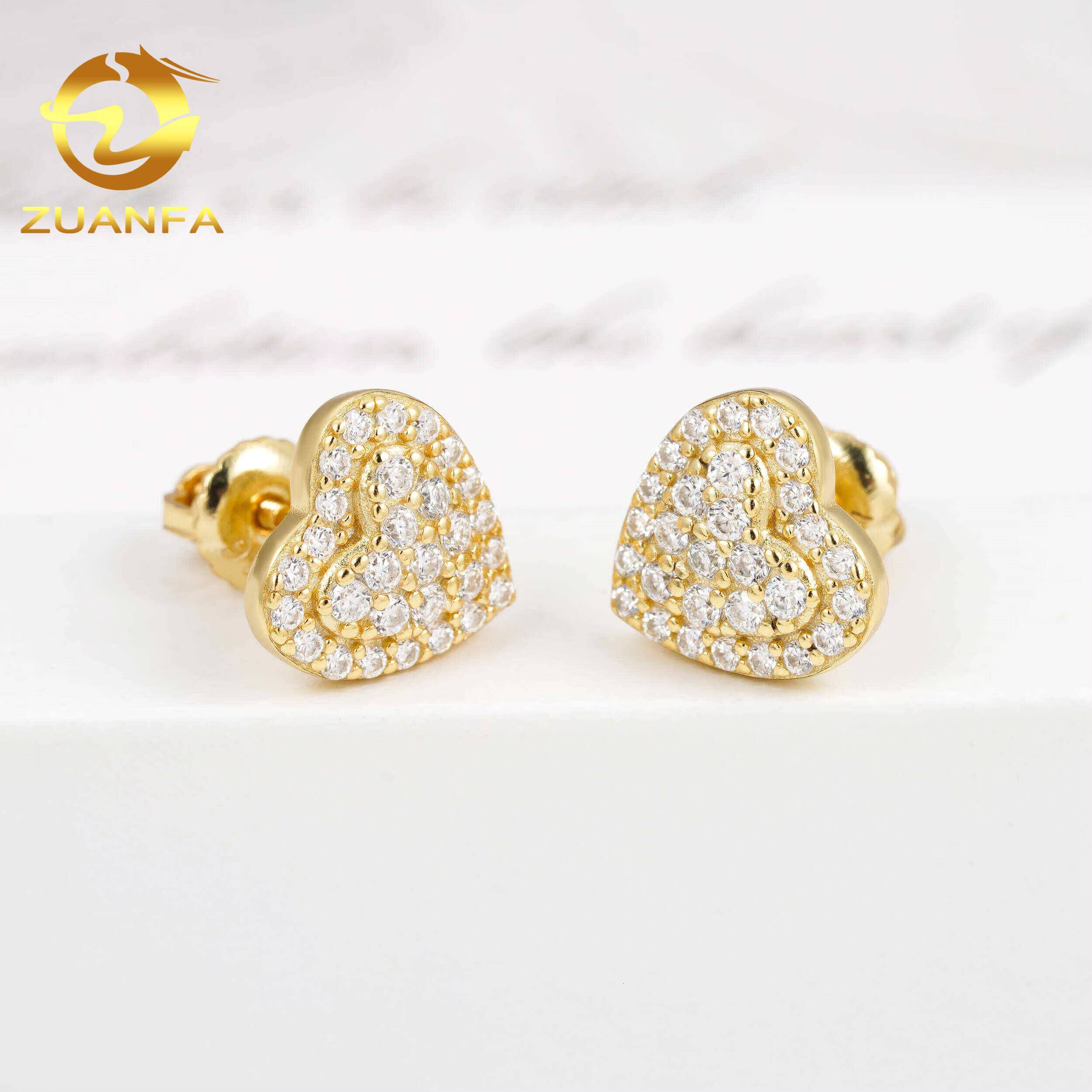 10mm Fashion Heart Shape Stud Earrings Cluster Moissanite Diamond 925 Sterling Silver Hip Hop Earrings Screw Back Men Earrings