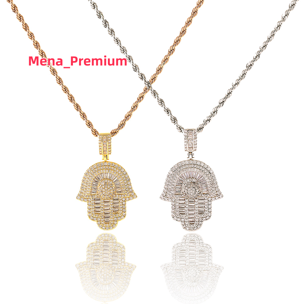 Hip Hop Antique Pendant Charms Gold Crystal Stone Iced Baguette Hamsa Hands Brass Necklace with Zircon Paved Hand Jewelry Making