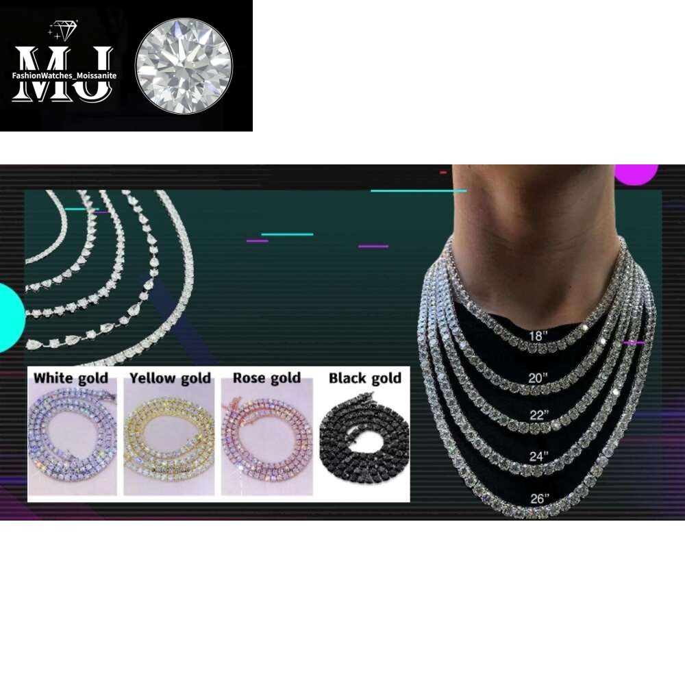 Custom Hip Hop Jewelry Necklace 2Mm 3Mm Sterg Sier Hiphop VVS Moissanite Tennis Chain