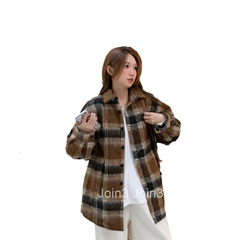 Autumn Winter New Plush Color-Block Plaid Loose Turn-Down Collar Long Sleeve Wool Coat Women Mid-Length Woolen Overcoat