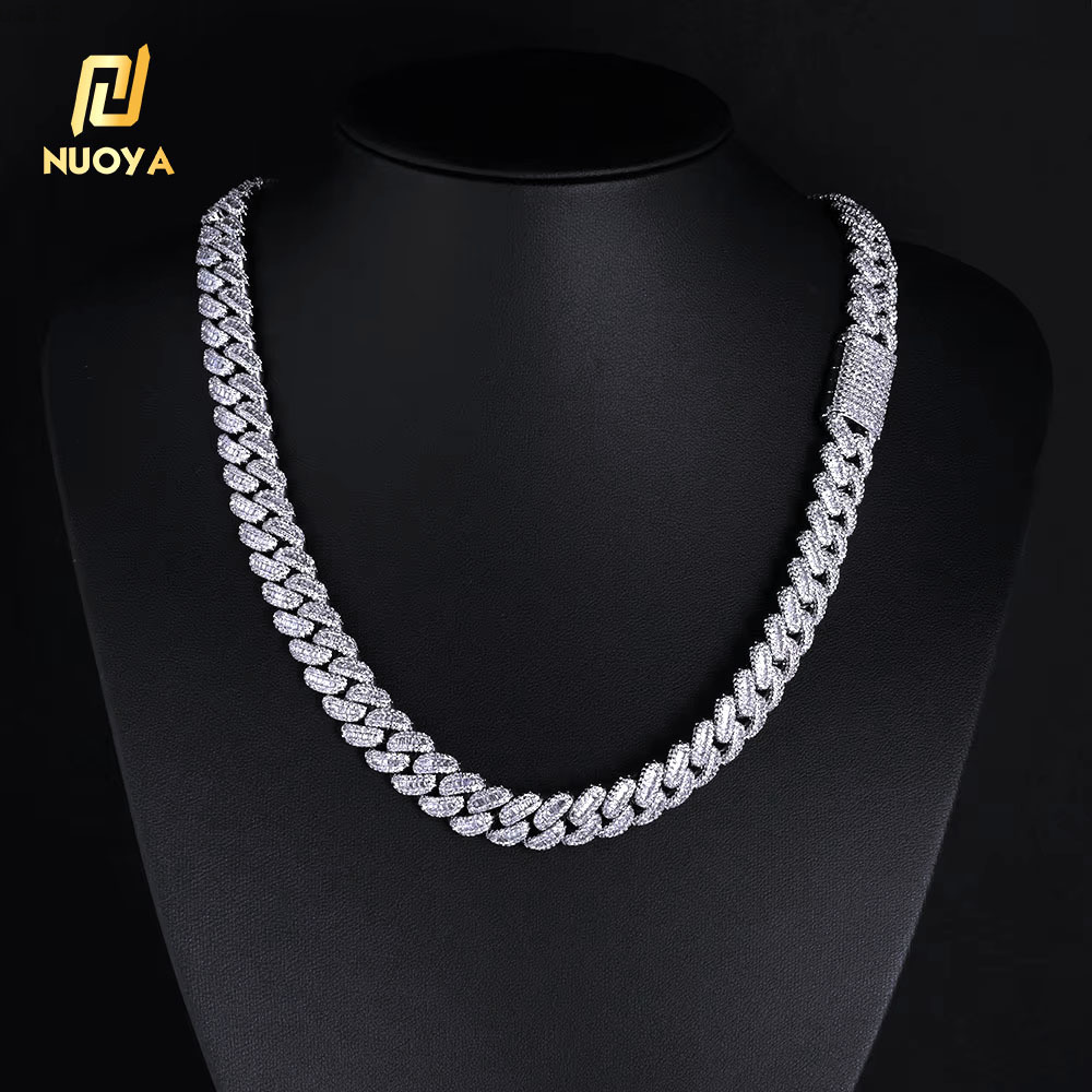 NUOYA BAGUETTE Cuban Chain 12mm White Gold Plated Full Iced Zircon Miami Link Necklace Luxury Hip Hop Jewelry