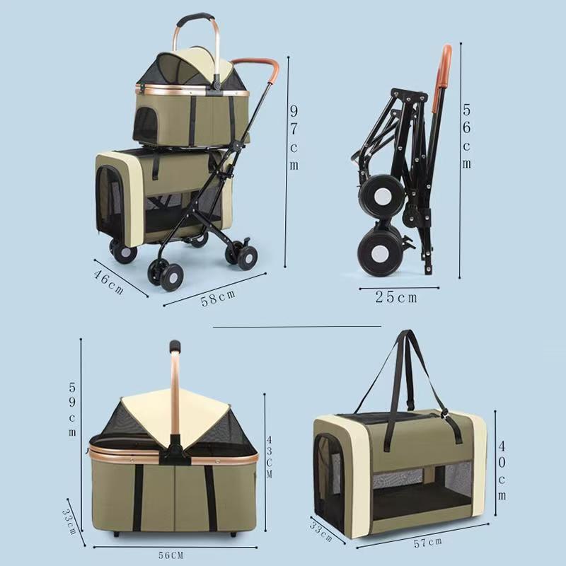 Dog and Cat Double Pet Cart: The dog cart is a foldable travel cart with detachable straps, seat belts, and 4 lockable wheels, suitable for small and 