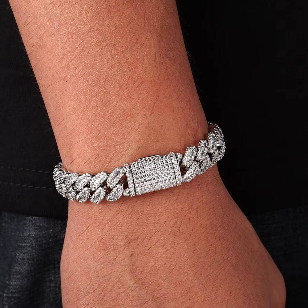 NUOYA BAGUETTE Cuban Chain 12mm White Gold Plated Full Iced Zircon Miami Link Necklace Luxury Hip Hop Jewelry