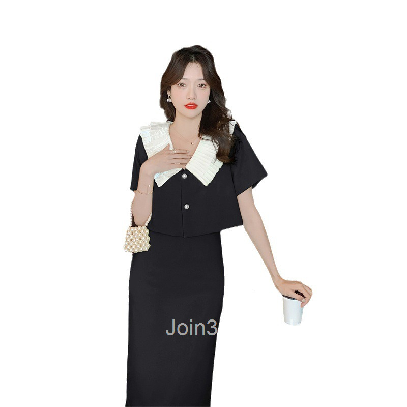 Summer New Womens Fashion Small Fragrance French Slim Lapel Short Sleeve Shirt Top+Half length Midskirt Set