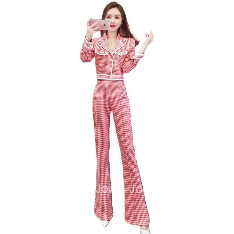 Autumn Winter New Style Elegant Plaid Single-Breasted Blazer Collar Long Sleeve Top Slim Fit Long Pants Set