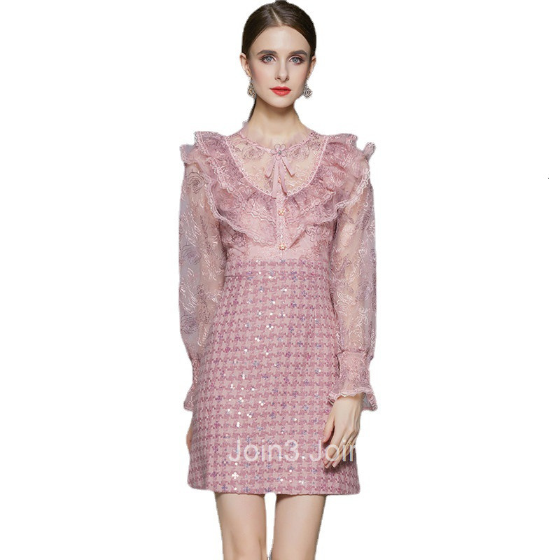 Fashionable Elegant Heavy Embroidery Sequin Tweed Base Dress Autumn Winter New Ruffled Beaded Dress