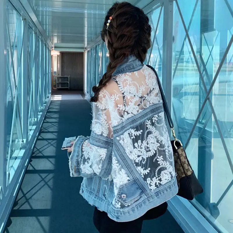 Mesh Embroidery Hole Denim Jacket 2025 Summer Lace Stitching Girlish Top 250717