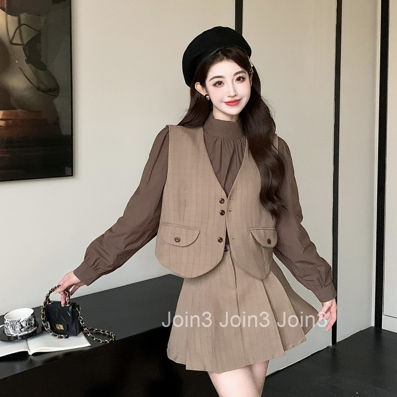 Autumn Winter New Sweet and Spicy Half Turtleneck Long Sleeve Shirt + High Waist Skirt + Vest Three-Piece Set for Women