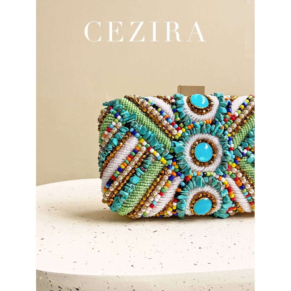 Women's Glamorous Colorful Beads Pearls Clutch Metal Frame Case Evening Bag Long Chain Purse Party Holiday Travel Tribal