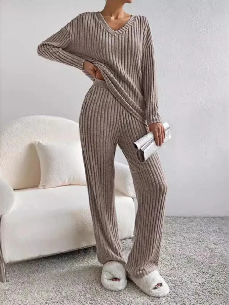Autumn Womens Fashion Casual Straight Leg Pants With Loose Vneck Pit Stripe Knitted Long Sleeve Twopiece Set 250729