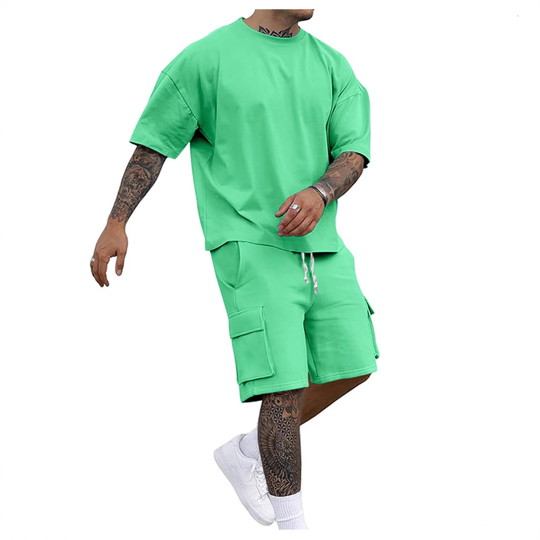 Mens summer loose fashion casual sports mens T-shirt short sleeved shorts two-piece set