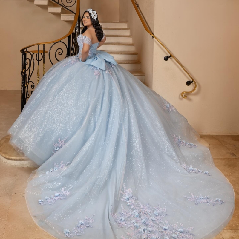 Sky Blue Shiny Quinceanera Dresses Ball Gown Off The Shoulder Applique Flower Beads Party Birthday Sweet 16 Dress Vestidos 15 Anos