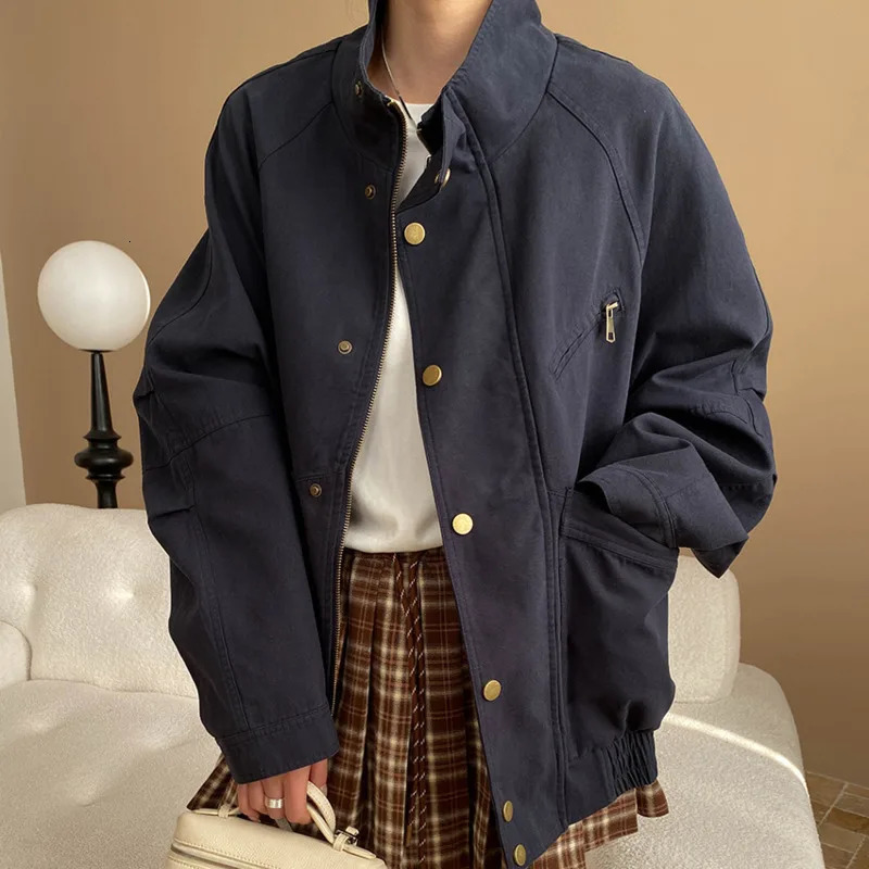 Womens Fashion Lightweight Oversized Cargo Jacket Stand Collar Multi Pocket Streetwear Casual Outerwear Coat 250729