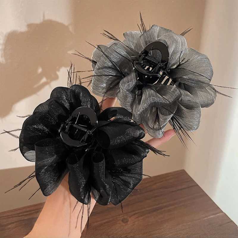 Korean Ribbon Feather Bow Hair Claws for Women Girls Hair Clip Simple Elegant Barrette Black Grab Clip Fashion Hair Accessories Z250729