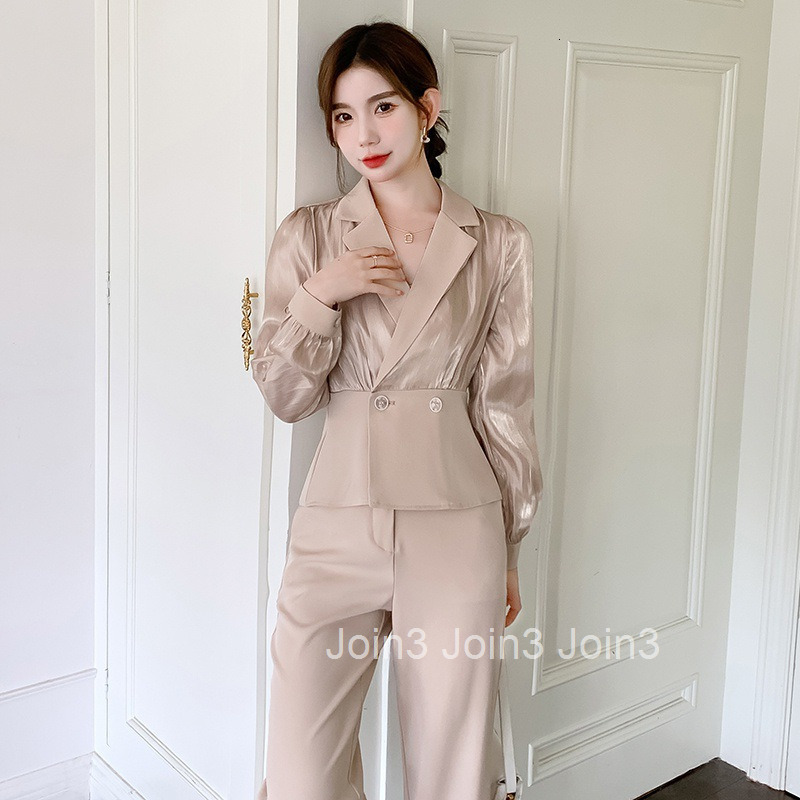 Spring and Autumn Socialite Professional Suit Womens Fashion Slim Fit Long Sleeve Blouse + Long Pants Set