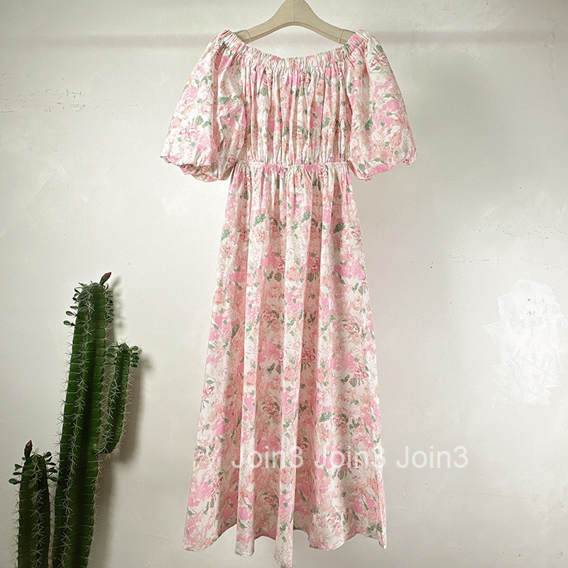 Summer New French Fashion Waist-Cinching High-Waist Skirt Floral Print Off-Shoulder Short Sleeve Dress Long Dress