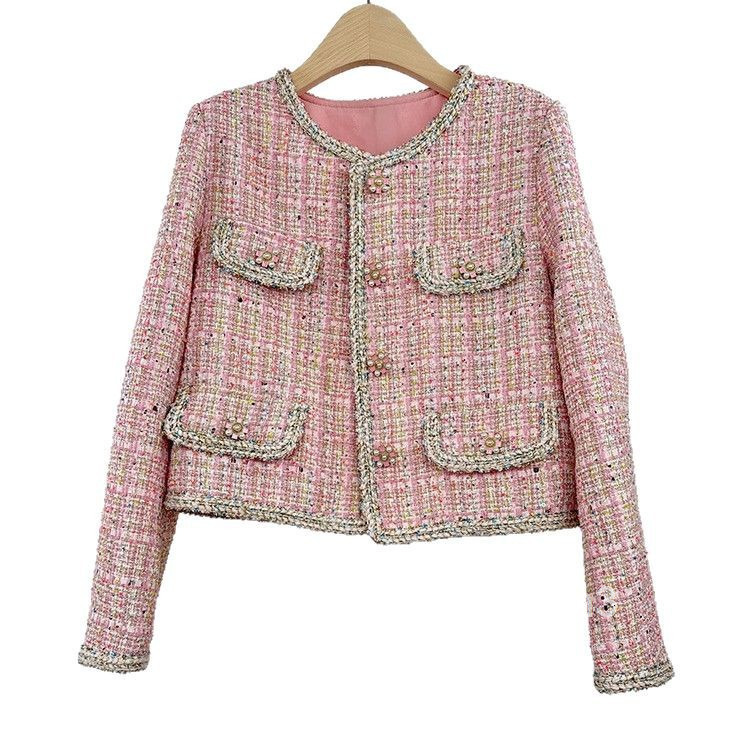 2025 Spring and Autumn New French Style Fashion Plaid Heavy Craft White-Enhancing Long Sleeve Short Coat Womens Top