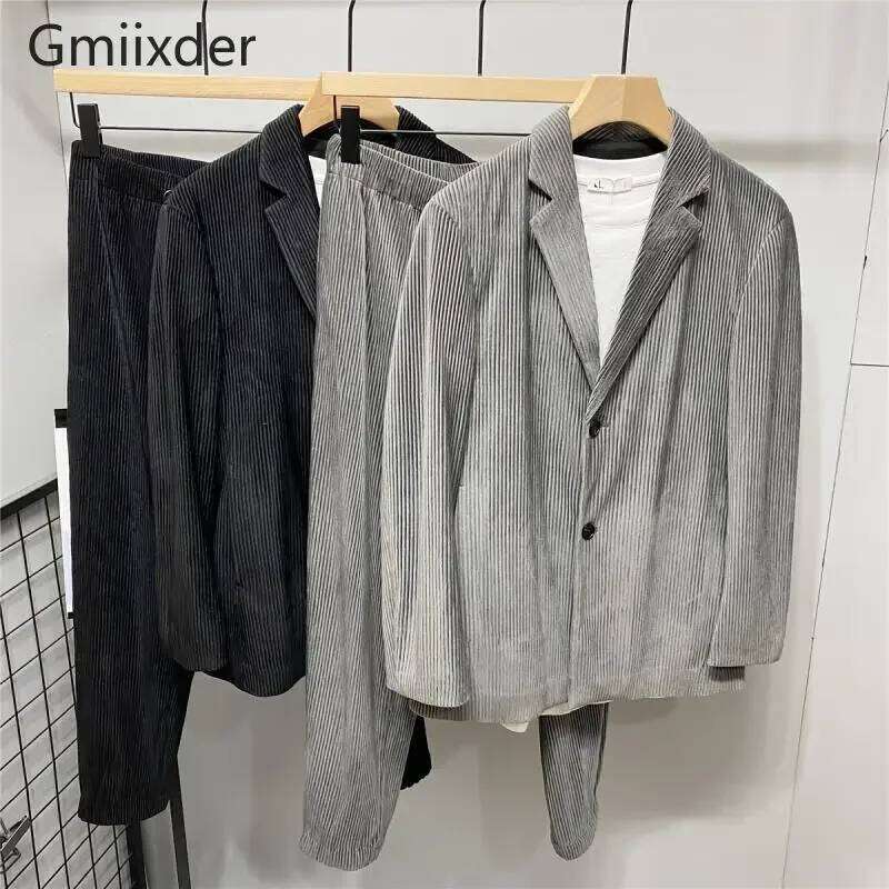 Korean Elegant Corduroy Two-piece Men Spring Autumn Large Size Drape Suit Pleated Loose Casual Simple Blazer Set Chic