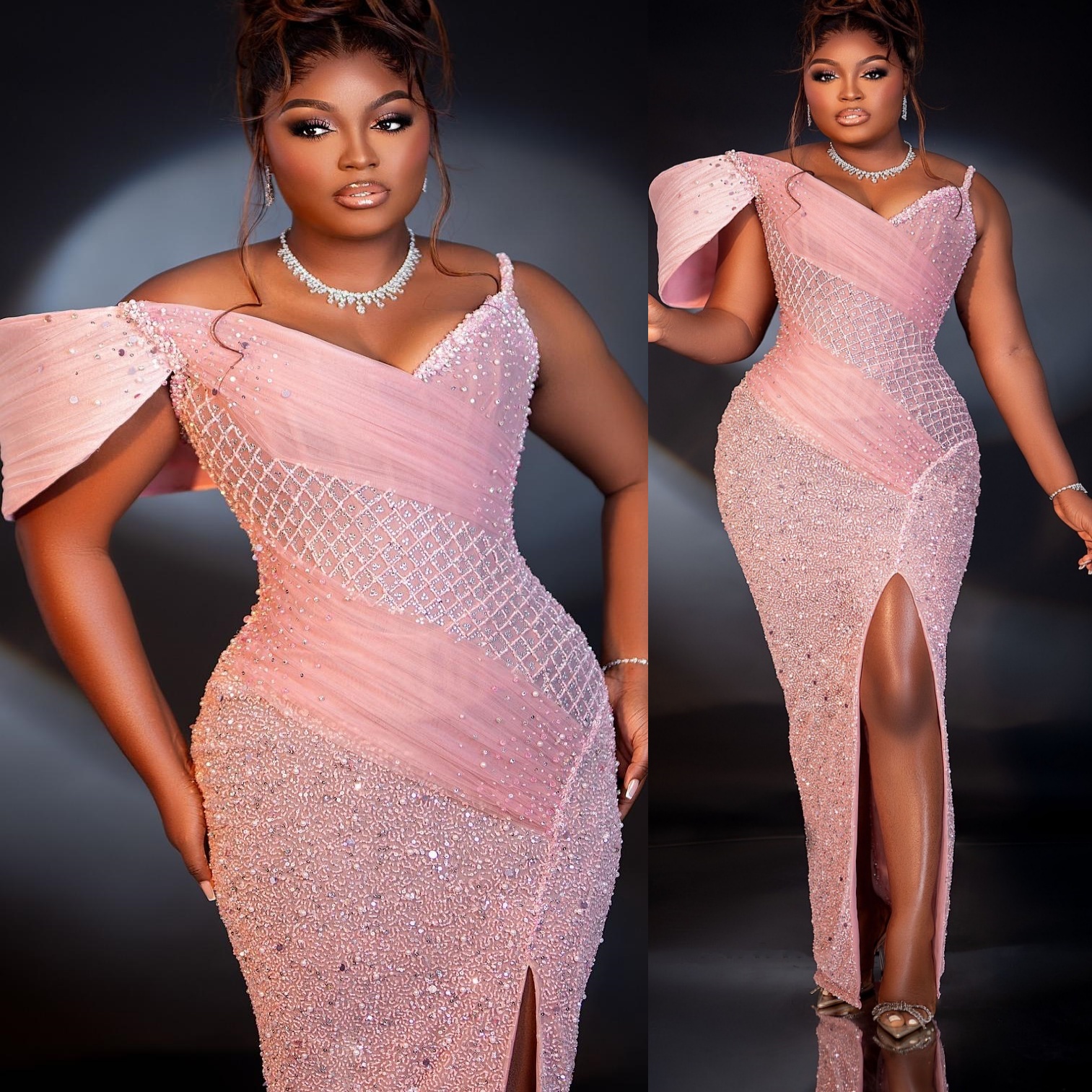 Pink Sheath Prom Dresses 2025 Pearls Beaded Sequined High Split Evening Formal Party Second Birthday Engagement Gowns Plus Size Dress For Special Occa