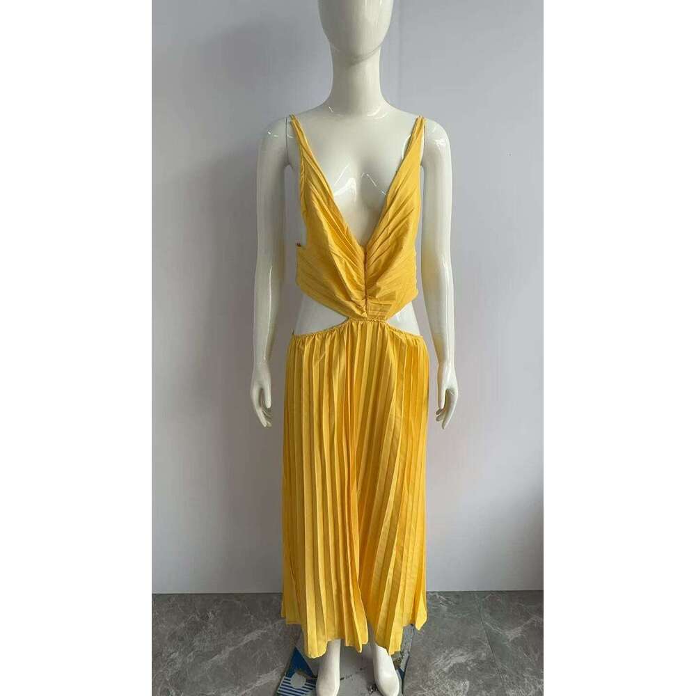 2024 Summer New Cross-Border European and American Style Elegant V-Neck Sleeveless Hollow Out Backless Pleated Dress