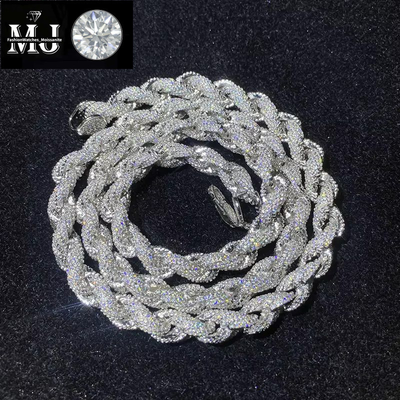 Fashion Jewelry Popular White Gold Plated Sier Iced Out 8mm VVS Moissanite Hip Hop Rope Chain Necklace For Men