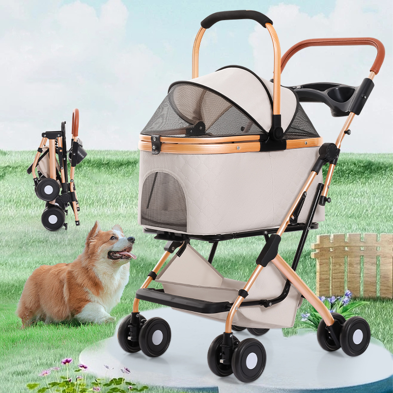 Pet stroller with 4 wheels, foldable pet travel harness, suitable for small/medium-sized dogs and cats, detachable portable pet bag, storage basket