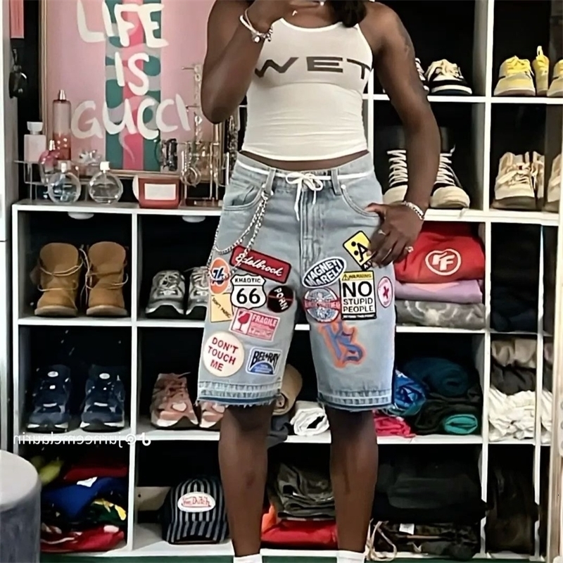 Y2k Composite Hiphop Cartoon Patchwork Jeans Shorts Sweatpants Women Shorts Streetwear Jean Blue Loose Short Casual Pattern Jean 250728