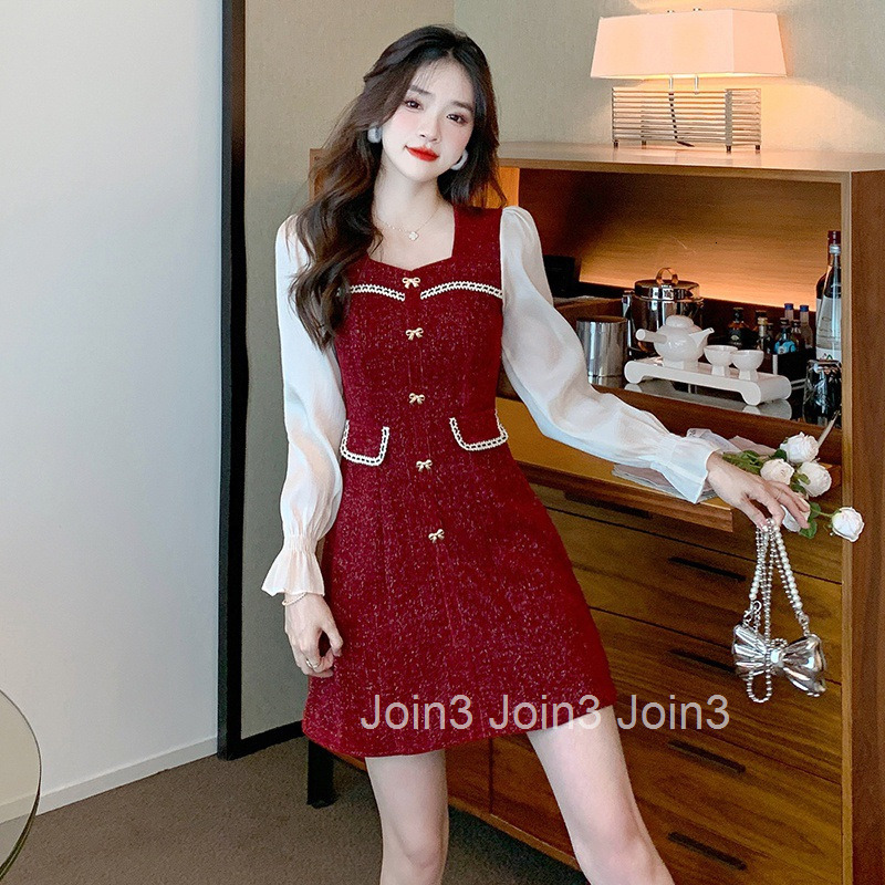 Winter and Spring New French Style Plus Size Sweet Slim Fit Shiny Long Sleeve Base Dress Short Skirt