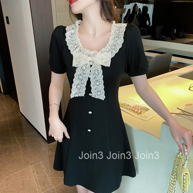 Summer New Round Neck Sweet Lace Bow Slim Fit High Waist Short Sleeve Dress A-line Short Skirt