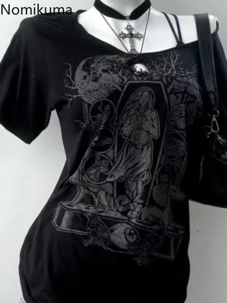 Punk Streetwear T Shirts 2025 Womens Clothing Y2k Tops Print Casual Summer Camisetas Ropa Mujer Off Shoulder Fashion Tshirt 250724