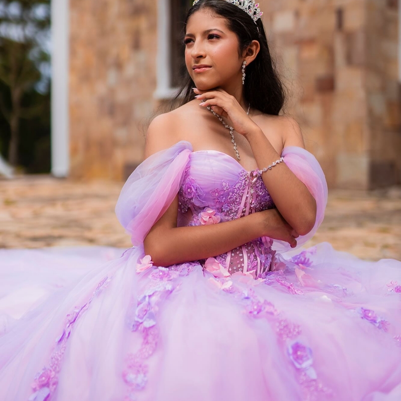 Lavender Quinceanera Dresses Off The Shoulder Appliques Flower Beads Tull Ball Gown Pink Lining Vestidos De 15 Anos Sweet 16 Dress