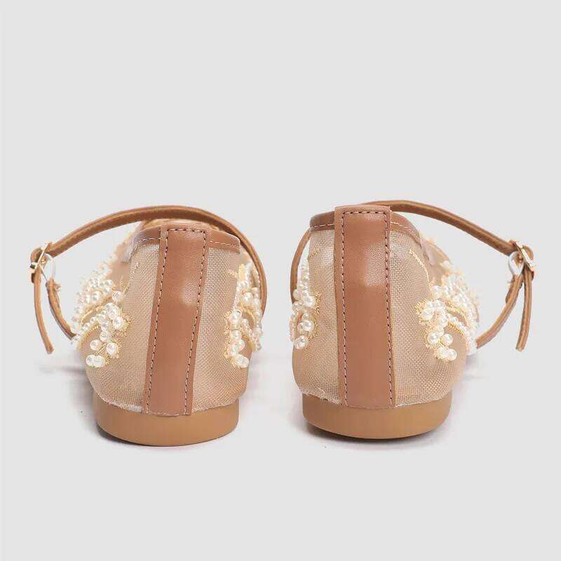 Women's Embroidery String Bead Mesh Ballet White Pearl Mary Jane Shoes Light Summer Flats Elegant Cozy Flat Sandals Daily Outfit