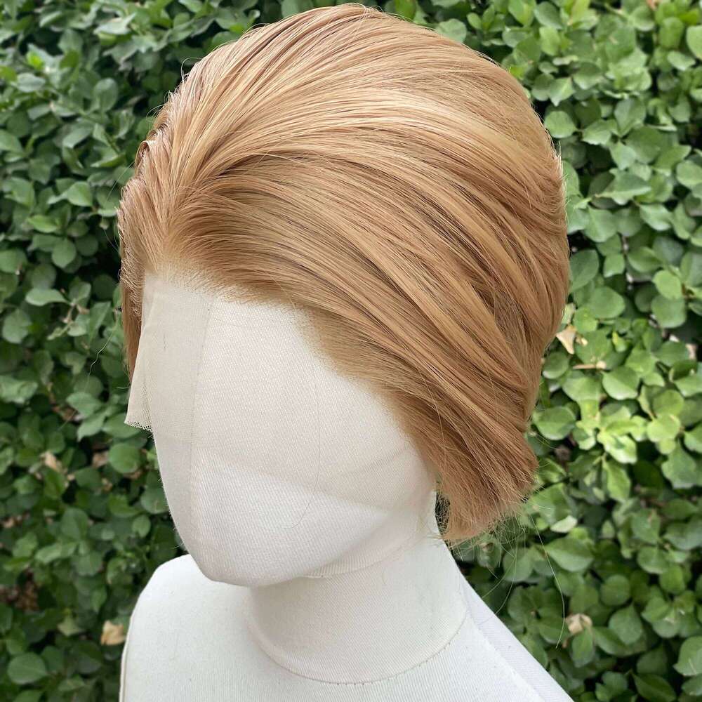 Short Bob Cut Cosplay For Men Human Hair Honey Brown Women Free Part Wig Glueless Synthetic Lace Front Wigs Natural Hairline 150%