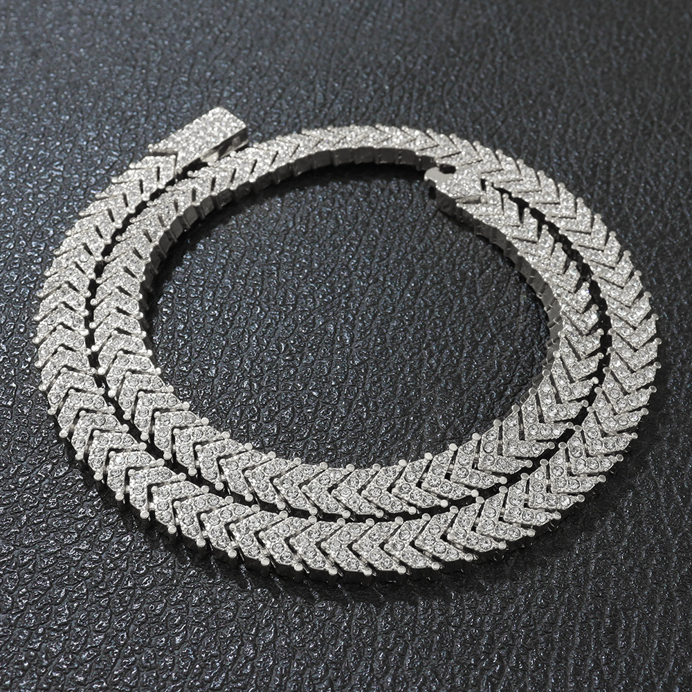 Full Dia Tail Fish Bone Tennis Necklace Trendy Hip-Hop Style Exaggerated Choker Clavicle Chain Accessory