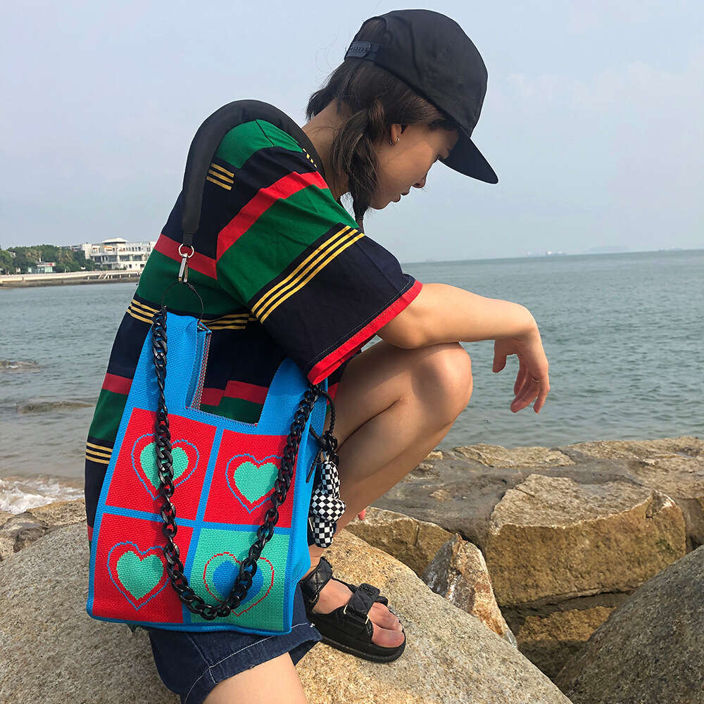Designer Style Parent-Child Knitted Heart Black Rice Woven Tote Bag Single Shoulder Handbag for Women