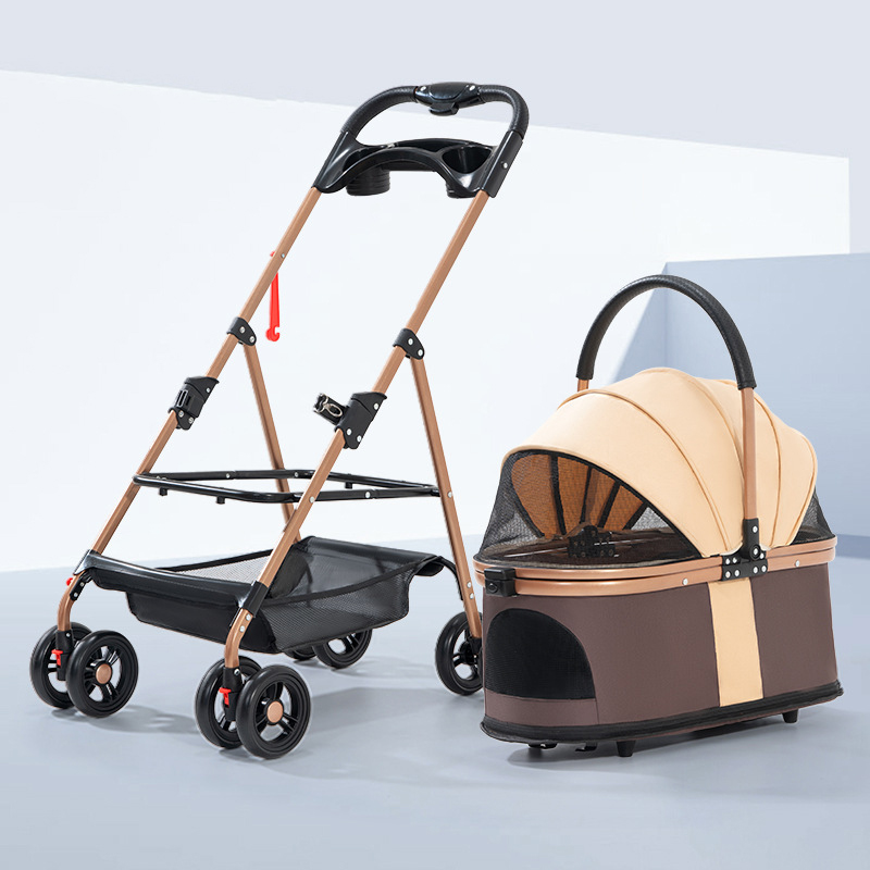 Pet stroller with 4 wheels, foldable pet travel harness, suitable for small/medium-sized dogs and cats, detachable portable pet bag