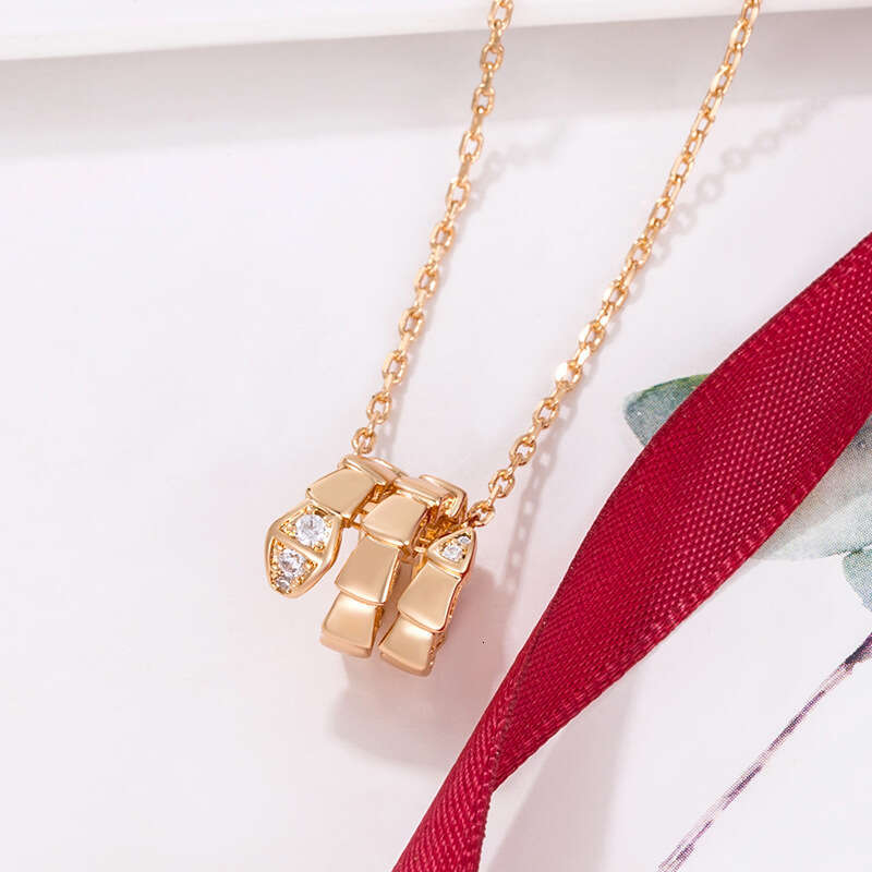 V Circle Head and Tail Smooth Snake Bone Necklace for Women, Rose Gold Plated, Fully Inlaid with Dias, Snake-Shaped Double Ring Pendant Trendy