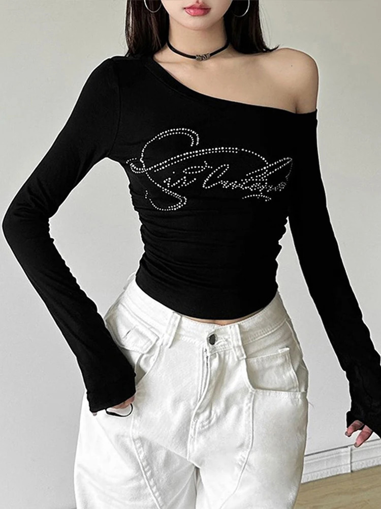 Autumn Womens Tshirt Streetwear Fashion Long Sleeves Casual Slim Tees Black Sexy Skew Collar Female Versatile Top 250729