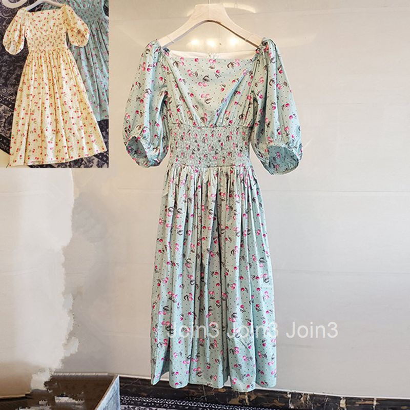 Printed Dress for Women Summer New Fashion Floral Skirt Cherry Waist Slimming Over-the-Knee Mid-Length Dress