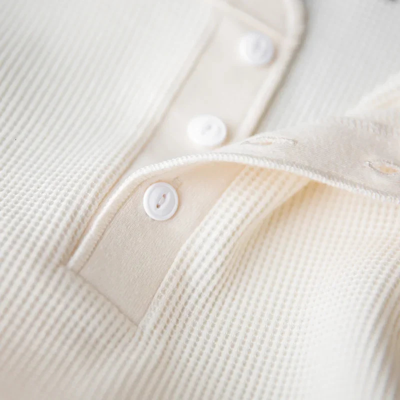 Mens Casual Heavyweight Beige Waffle Henry Tshirt Longsleeved Pullover for Spring Versatile Tshirts Basic Inner Layers 250729