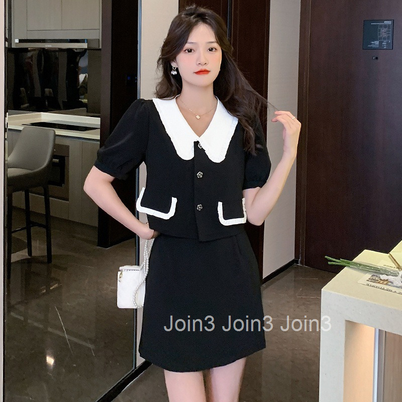 Summer New Style Socialite Plus Size Women Doll Collar Slimming Short Sleeve Top Shirt + Skirt Set