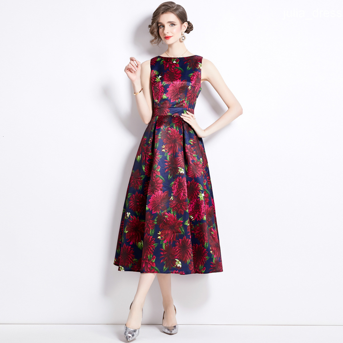 859 Summer New Womens Floral Sleeveless High Waist Long Dress Slim Waist A-line Dress