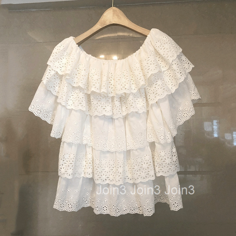 Summer New Fashion Elegant Off-Shoulder Ruffle Cake Short Sleeve Top for Women Internet Celebrity Doll Blouse